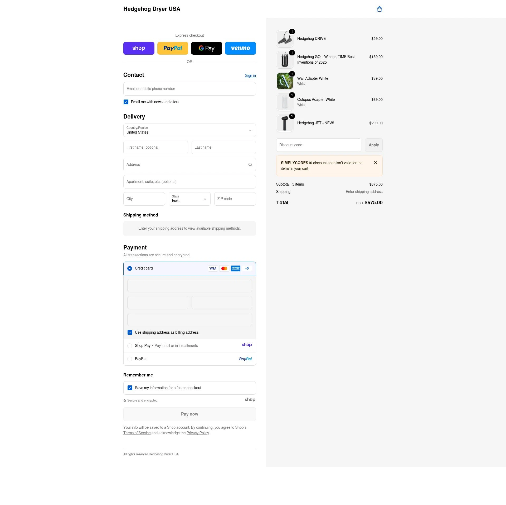 Hedgehog Dryer USA checkout page showing Hedgehog Dryer USA promo code box | Screenshot taken by SimplyCodes community member on Jan 8, 2026