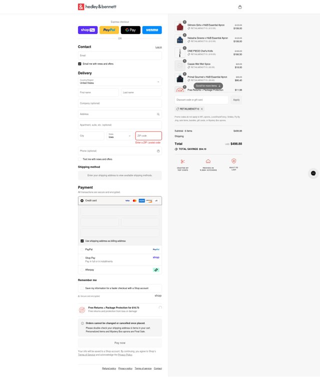 Hedley & Bennett checkout page showing Hedley & Bennett promo code box | Screenshot taken by SimplyCodes community member on Aug 24, 2025