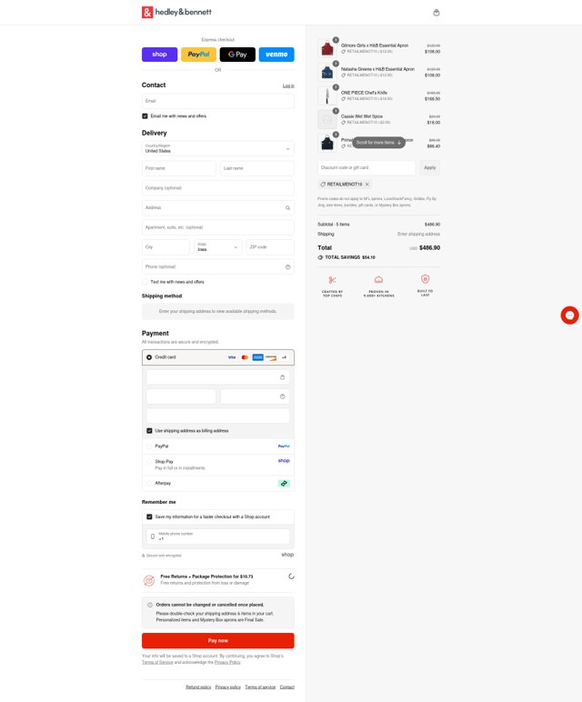 Hedley & Bennett checkout page showing Hedley & Bennett promo code box | Screenshot taken by SimplyCodes community member on Sep 1, 2025