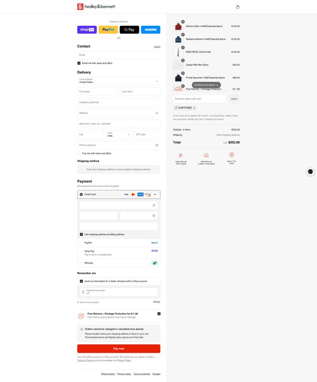 Hedley & Bennett checkout page showing Hedley & Bennett promo code box | Screenshot taken by SimplyCodes community member on Aug 28, 2025