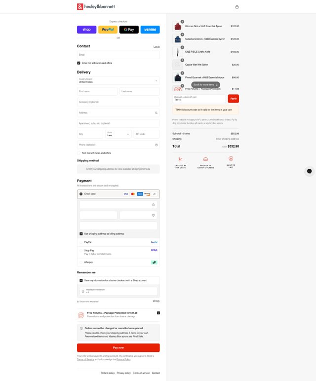 Hedley & Bennett checkout page showing Hedley & Bennett promo code box | Screenshot taken by SimplyCodes community member on Sep 6, 2025