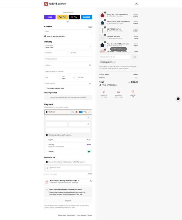 Hedley & Bennett checkout page showing Hedley & Bennett promo code box | Screenshot taken by SimplyCodes community member on Sep 6, 2025