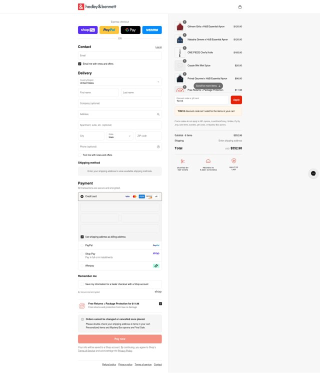 Hedley & Bennett checkout page showing Hedley & Bennett promo code box | Screenshot taken by SimplyCodes community member on Aug 28, 2025
