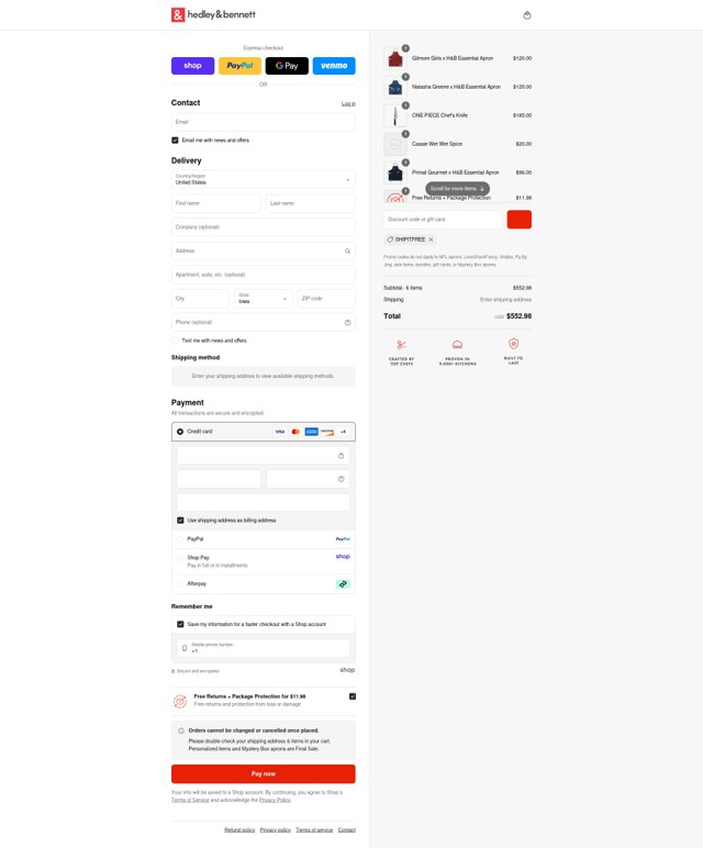 Hedley & Bennett checkout page showing Hedley & Bennett promo code box | Screenshot taken by SimplyCodes community member on Sep 6, 2025