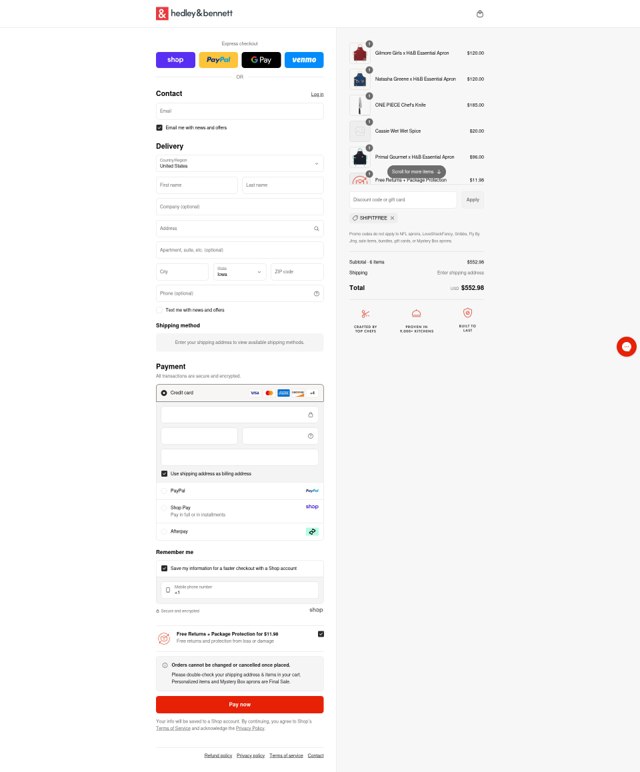 Hedley & Bennett checkout page showing Hedley & Bennett promo code box | Screenshot taken by SimplyCodes community member on Sep 1, 2025