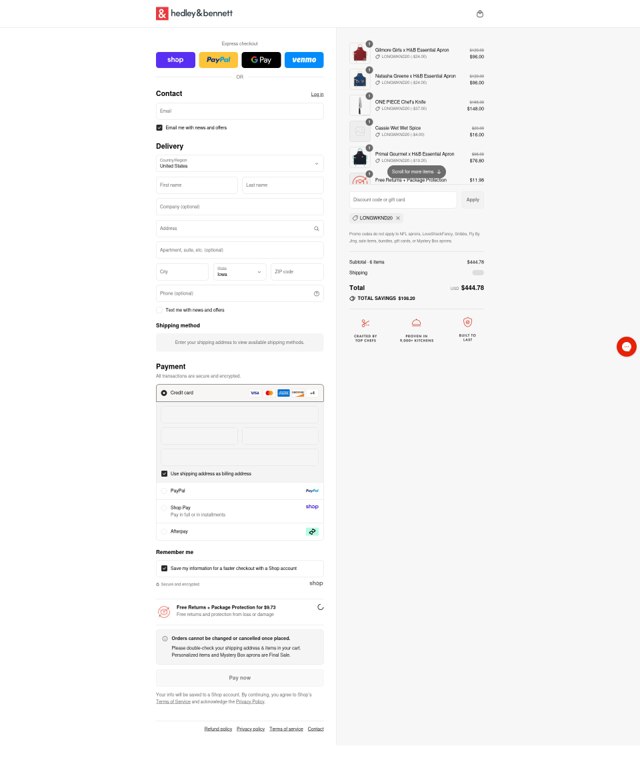 Hedley & Bennett checkout page showing Hedley & Bennett promo code box | Screenshot taken by SimplyCodes community member on Sep 1, 2025