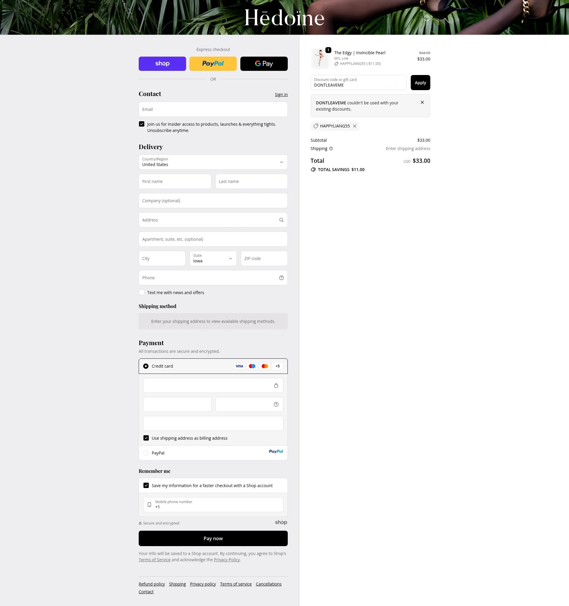 Hedoine checkout page showing Hedoine discount code box | Screenshot taken by SimplyCodes community member on Oct 26, 2025