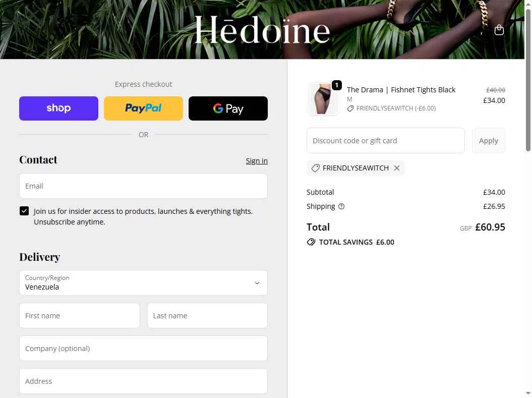 Hedoine checkout page showing Hedoine discount code box | Screenshot taken by SimplyCodes community member on Nov 29, 2025