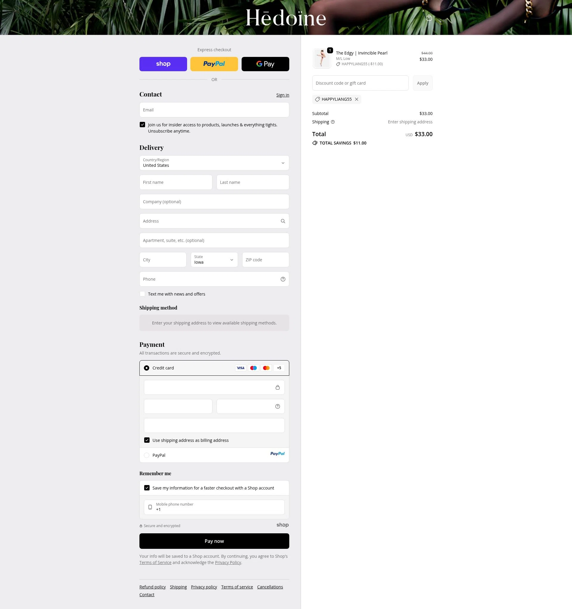 Hedoine checkout page showing Hedoine discount code box | Screenshot taken by SimplyCodes community member on Oct 26, 2025
