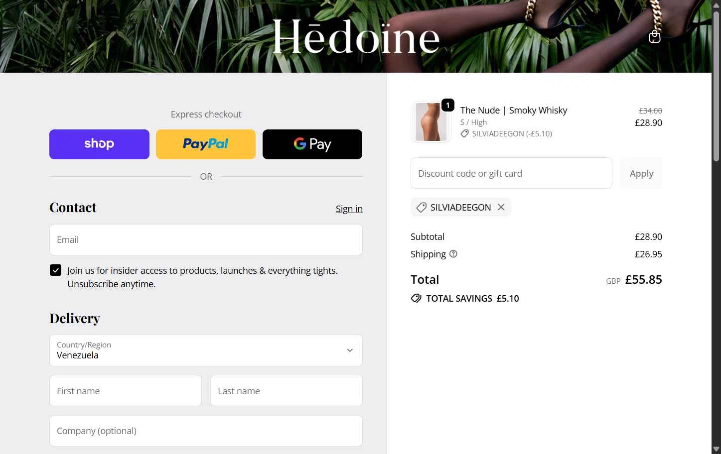 Hedoine checkout page showing Hedoine discount code box | Screenshot taken by SimplyCodes community member on Dec 28, 2025