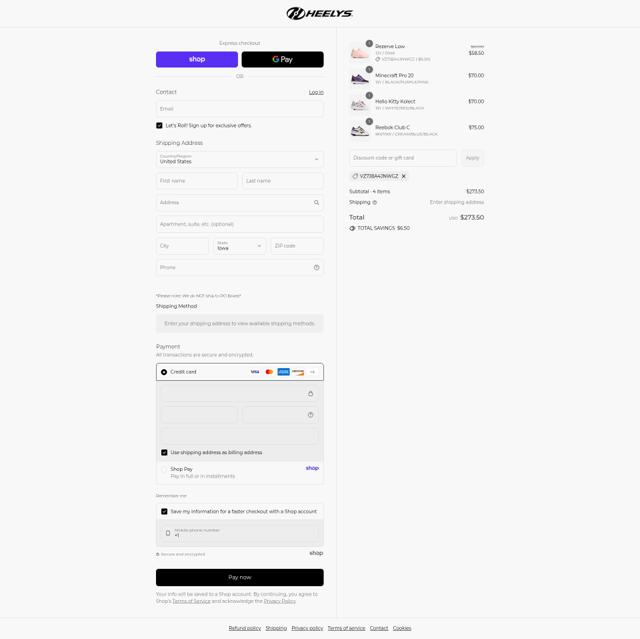 Heelys checkout page showing Heelys discount code box | Screenshot taken by SimplyCodes community member on Sep 8, 2025