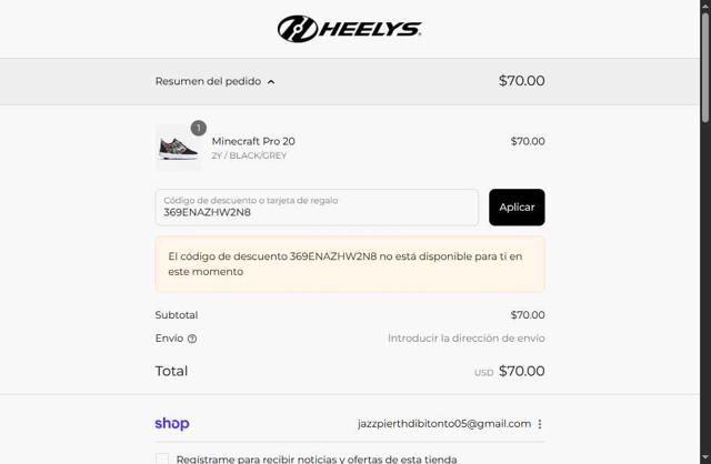 Heelys checkout page showing Heelys discount code box | Screenshot taken by SimplyCodes community member on Sep 9, 2025