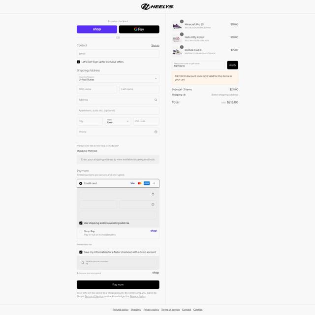 Heelys checkout page showing Heelys discount code box | Screenshot taken by SimplyCodes community member on Sep 12, 2025