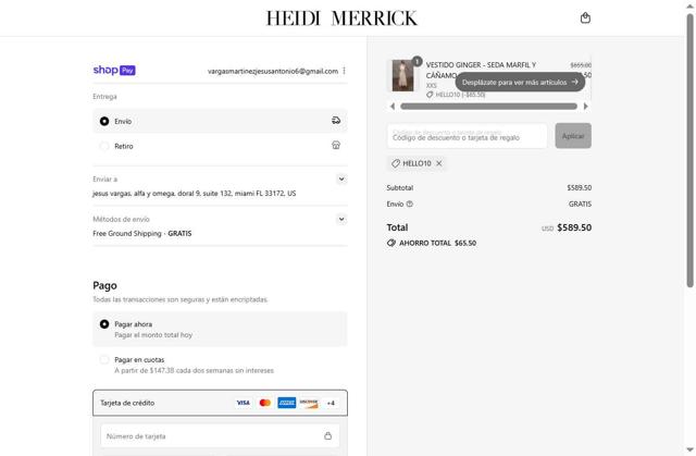 Heidi Merrick checkout page showing Heidi Merrick promo code box | Screenshot taken by SimplyCodes community member on Aug 6, 2025