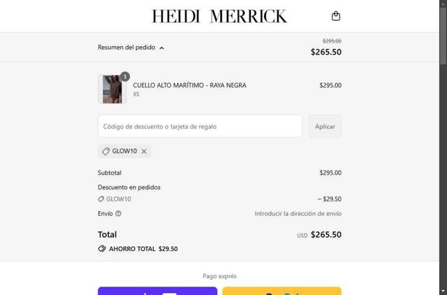 Heidi Merrick checkout page showing Heidi Merrick promo code box | Screenshot taken by SimplyCodes community member on Aug 6, 2025