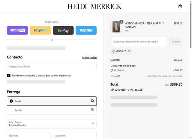 Heidi Merrick checkout page showing Heidi Merrick promo code box | Screenshot taken by SimplyCodes community member on Aug 6, 2025