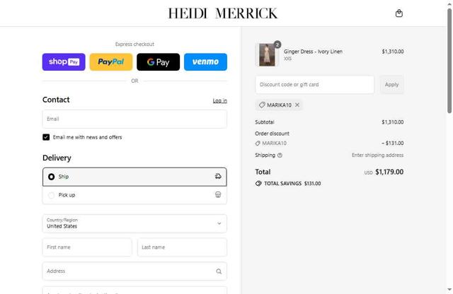 Heidi Merrick checkout page showing Heidi Merrick promo code box | Screenshot taken by SimplyCodes community member on Aug 6, 2025