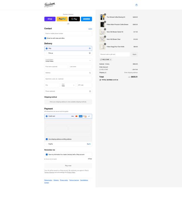 Heirloom Coffee Roasters checkout page showing Heirloom Coffee Roasters promo code box | Screenshot taken by SimplyCodes community member on Sep 8, 2025