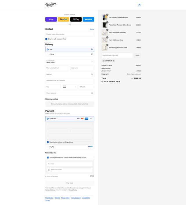 Heirloom Coffee Roasters checkout page showing Heirloom Coffee Roasters promo code box | Screenshot taken by SimplyCodes community member on Sep 12, 2025