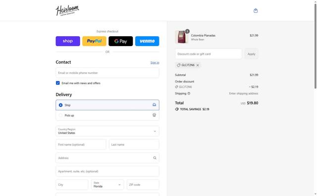 Heirloom Coffee Roasters checkout page showing Heirloom Coffee Roasters promo code box | Screenshot taken by SimplyCodes community member on Sep 17, 2025