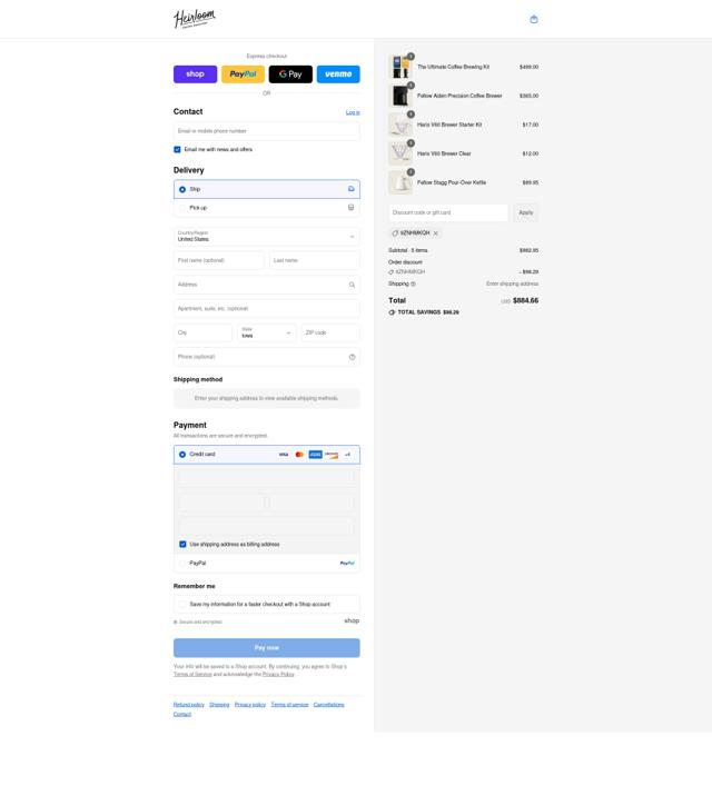Heirloom Coffee Roasters checkout page showing Heirloom Coffee Roasters promo code box | Screenshot taken by SimplyCodes community member on Sep 4, 2025