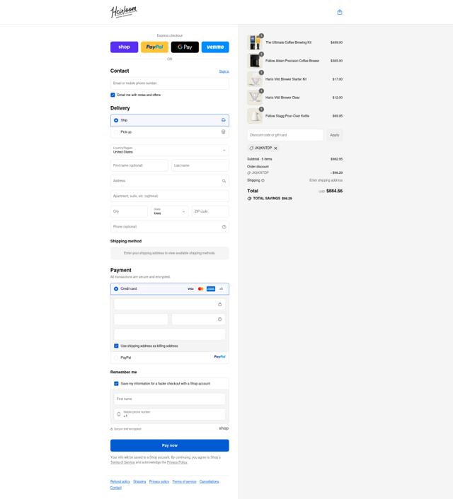 Heirloom Coffee Roasters checkout page showing Heirloom Coffee Roasters promo code box | Screenshot taken by SimplyCodes community member on Sep 17, 2025