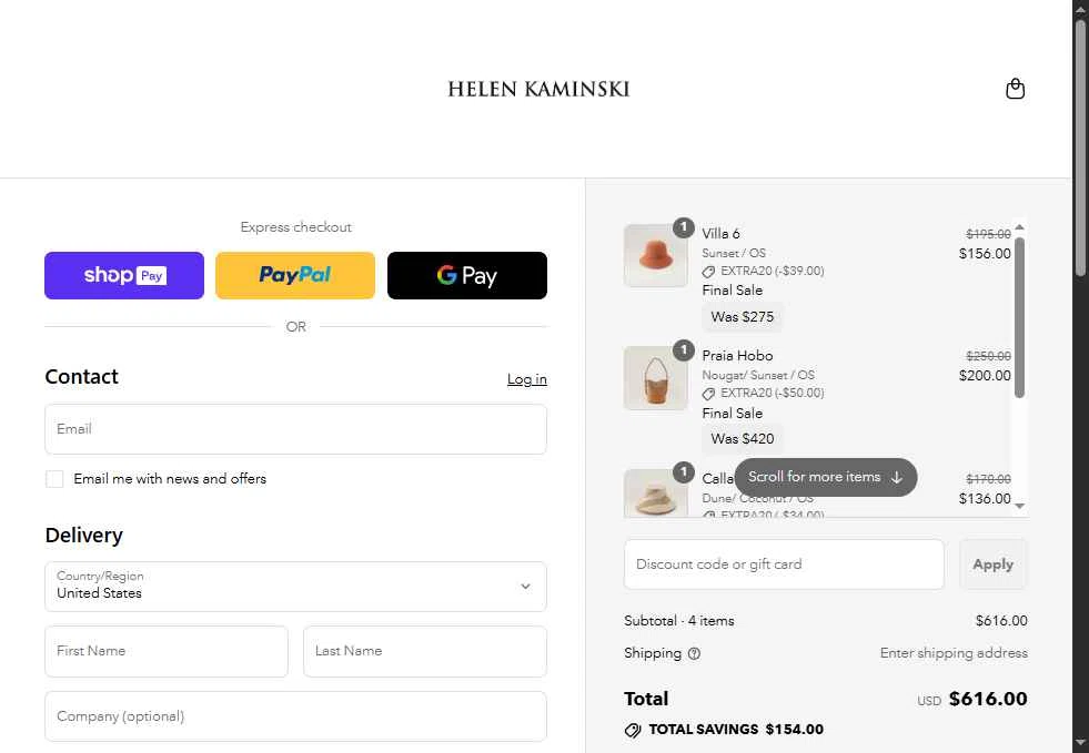 Helen Kaminski checkout page showing Helen Kaminski promo code box | Screenshot taken by SimplyCodes community member on Jul 4, 2025