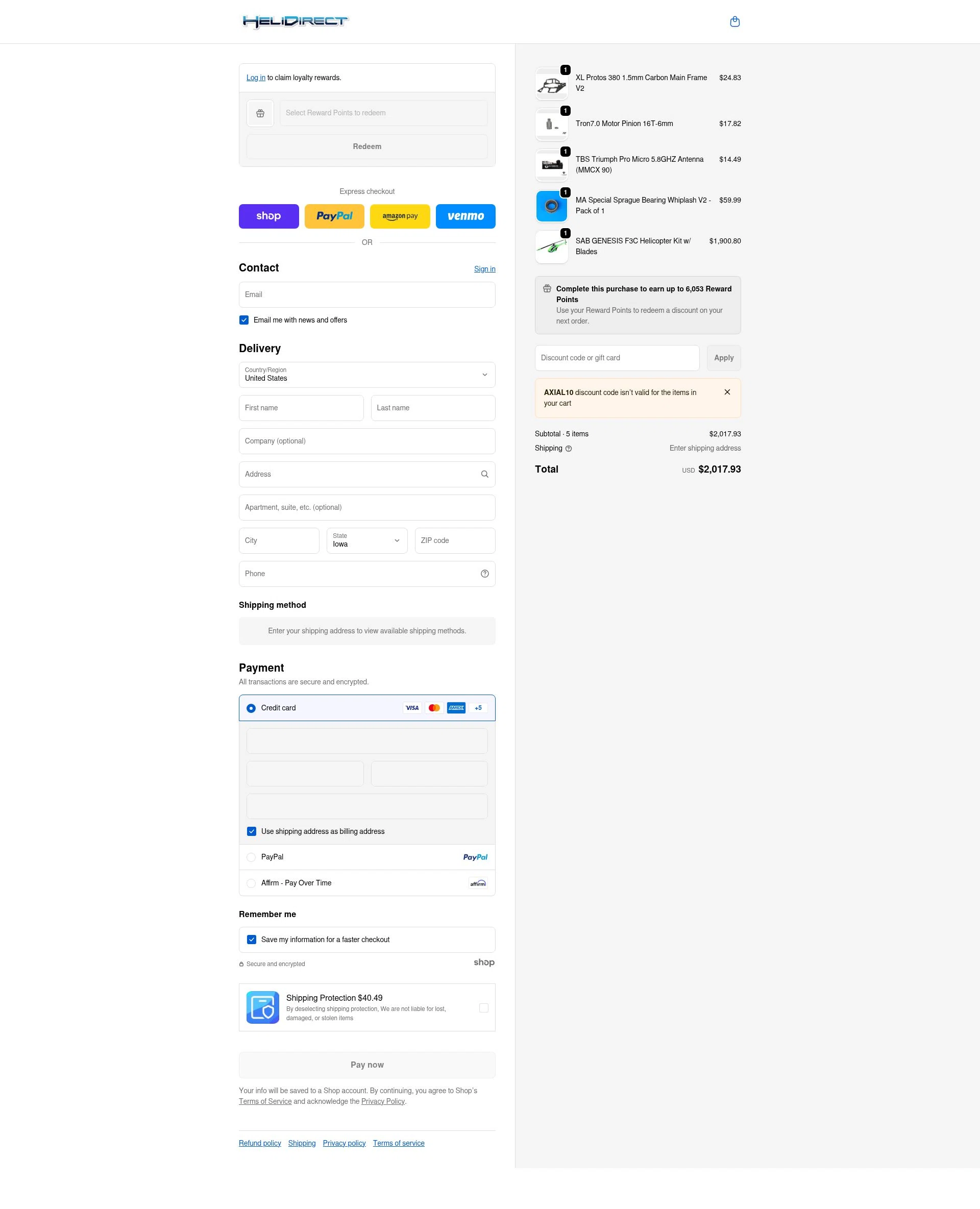 HeliDirect checkout page showing HeliDirect discount code box | Screenshot taken by SimplyCodes community member on Jan 28, 2026