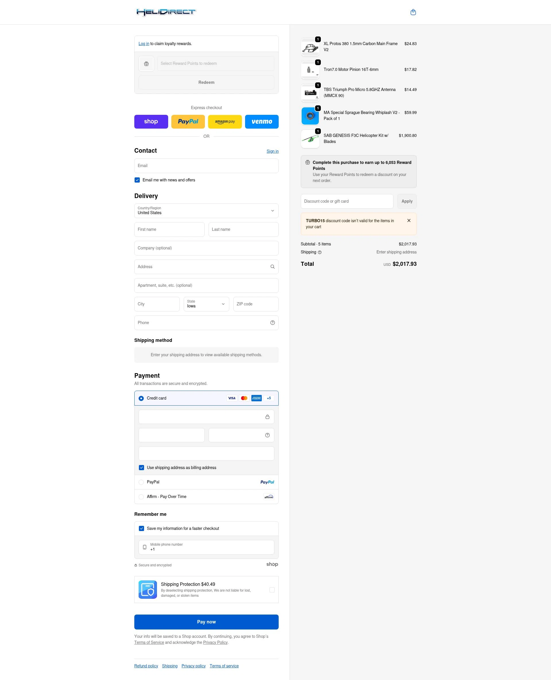 HeliDirect checkout page showing HeliDirect discount code box | Screenshot taken by SimplyCodes community member on Jan 28, 2026