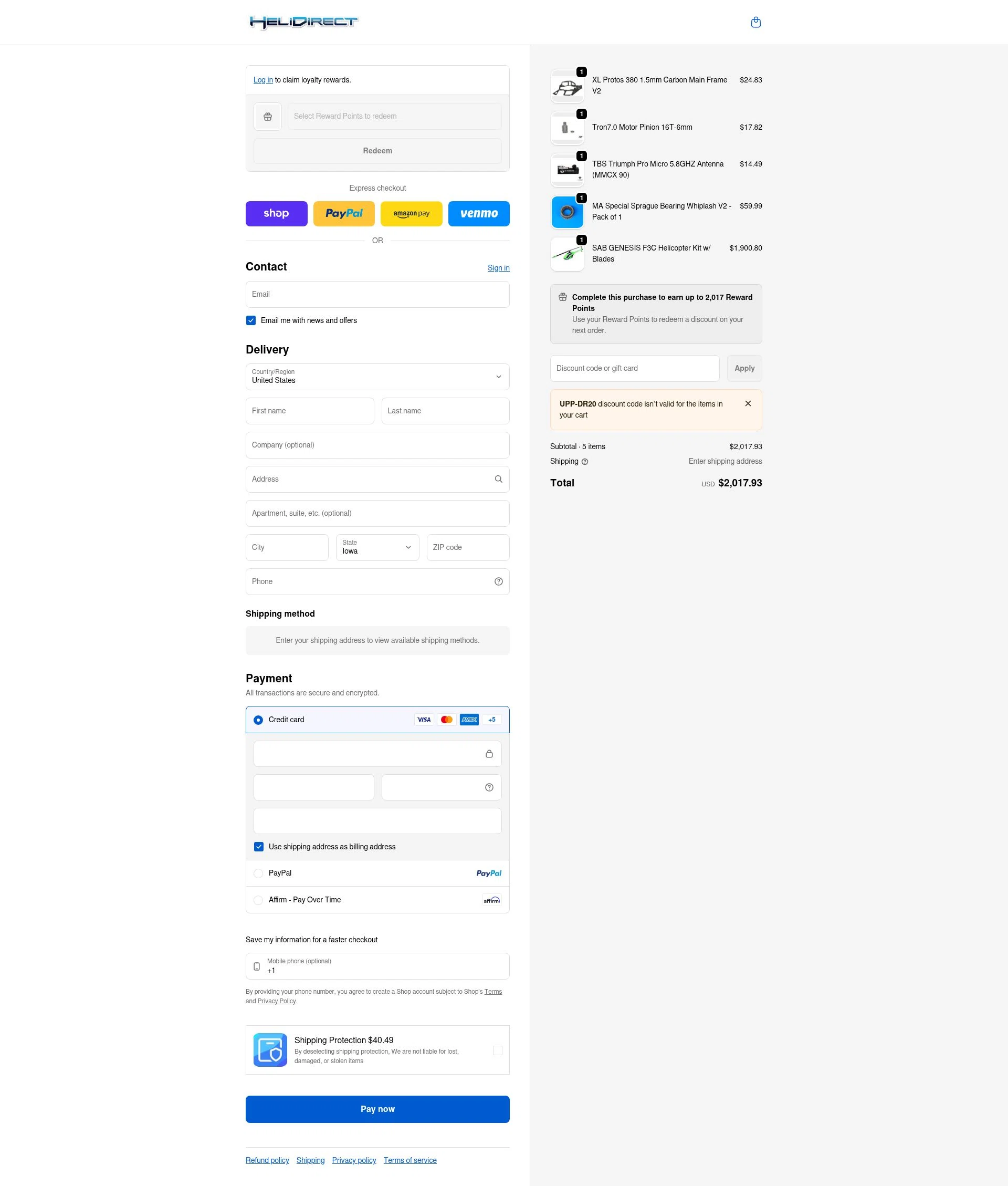 HeliDirect checkout page showing HeliDirect discount code box | Screenshot taken by SimplyCodes community member on Feb 6, 2026