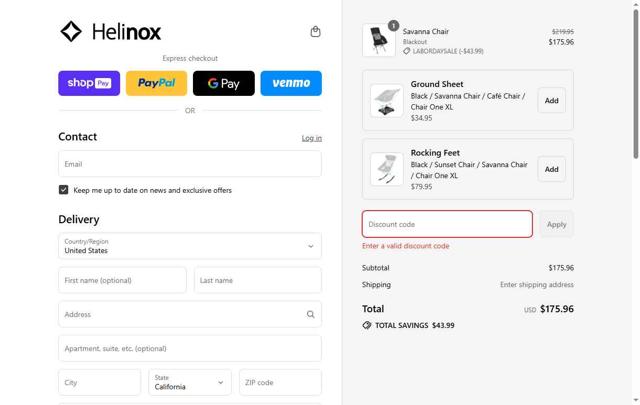 Helinox checkout page showing Helinox discount code box | Screenshot taken by SimplyCodes community member on Aug 27, 2025