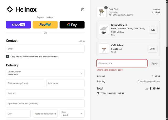 Helinox checkout page showing Helinox discount code box | Screenshot taken by SimplyCodes community member on Aug 23, 2025