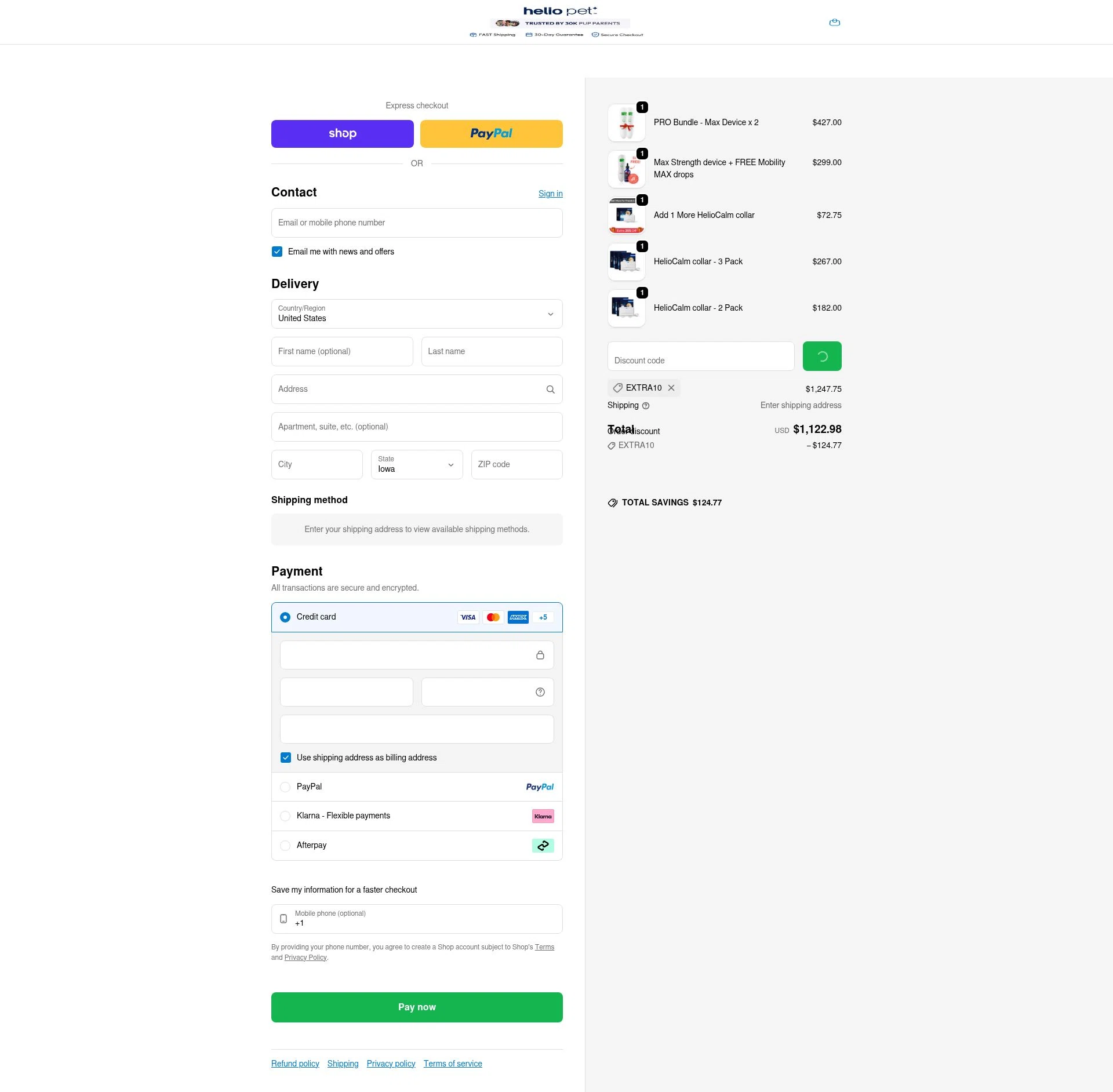 Helio Pet checkout page showing Helio Pet discount code box | Screenshot taken by SimplyCodes community member on Feb 1, 2026