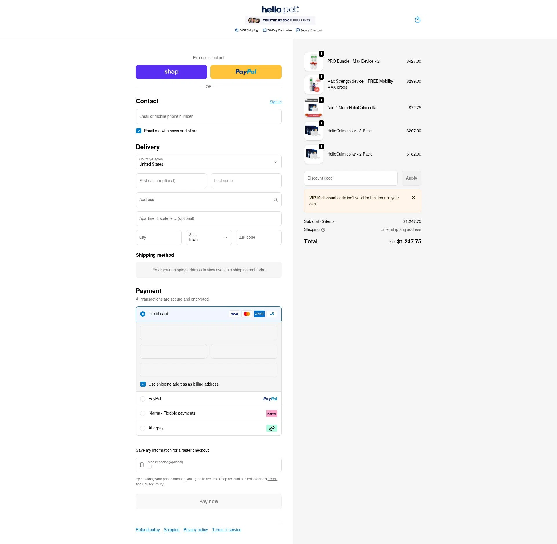 Helio Pet checkout page showing Helio Pet discount code box | Screenshot taken by SimplyCodes community member on Jan 18, 2026
