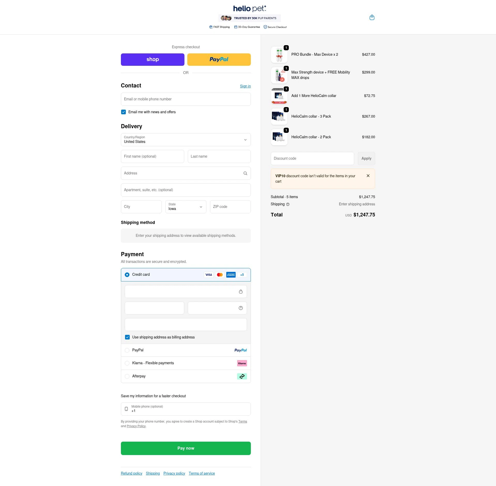 Helio Pet checkout page showing Helio Pet discount code box | Screenshot taken by SimplyCodes community member on Feb 1, 2026