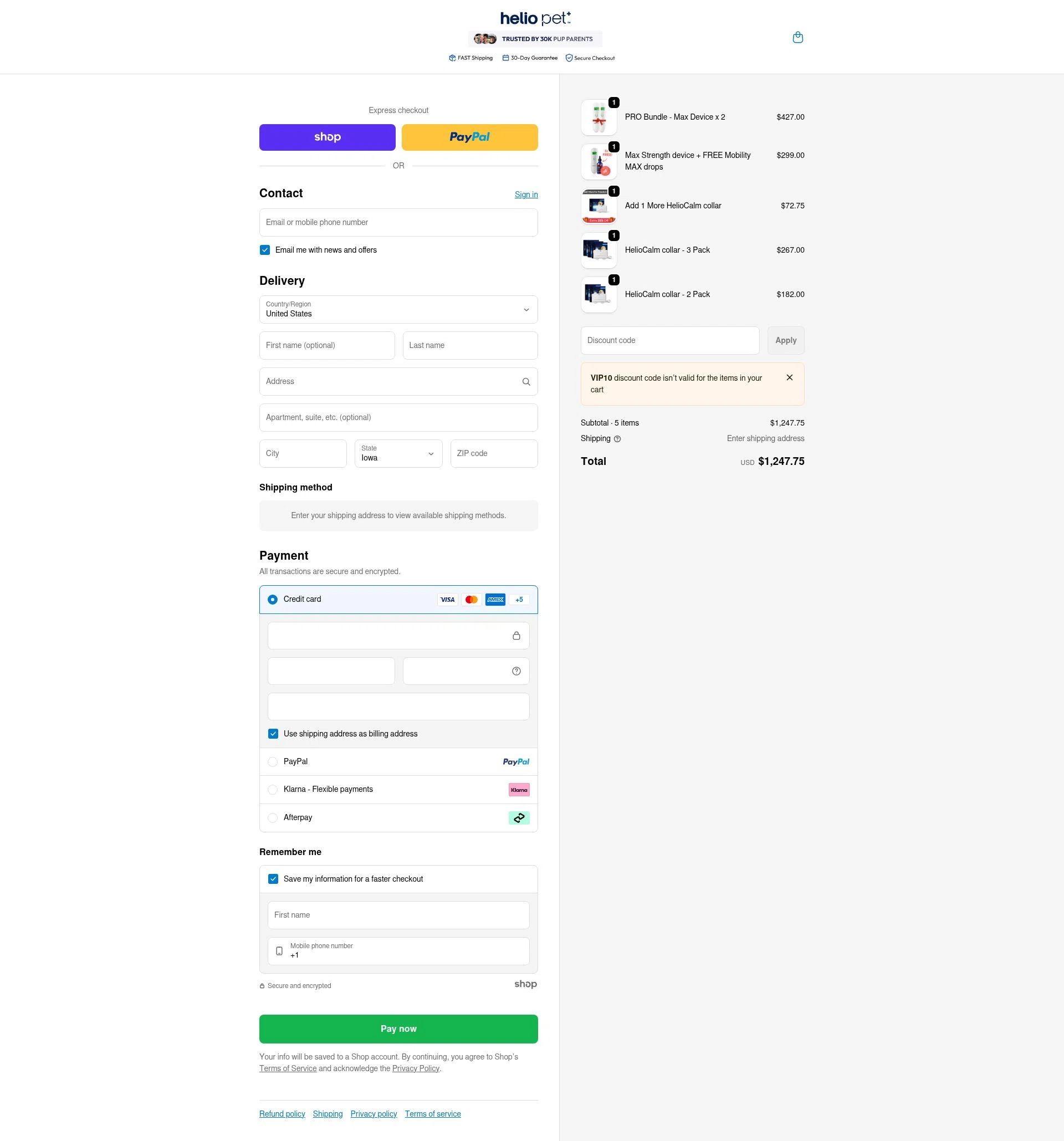 Helio Pet checkout page showing Helio Pet discount code box | Screenshot taken by SimplyCodes community member on Jan 23, 2026