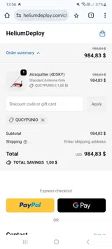 Helium Deploy coupon verification screenshot