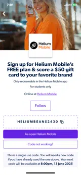 HELIUMBEANS2430 coupon verification screenshot