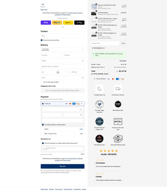 Helix Sleep checkout page showing Helix Sleep discount code box | Screenshot taken by SimplyCodes community member on Sep 4, 2025