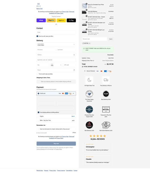 Helix Sleep checkout page showing Helix Sleep discount code box | Screenshot taken by SimplyCodes community member on Sep 4, 2025