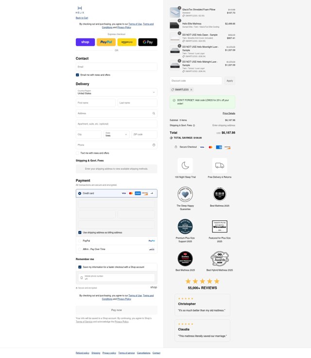 Helix Sleep checkout page showing Helix Sleep discount code box | Screenshot taken by SimplyCodes community member on Sep 4, 2025