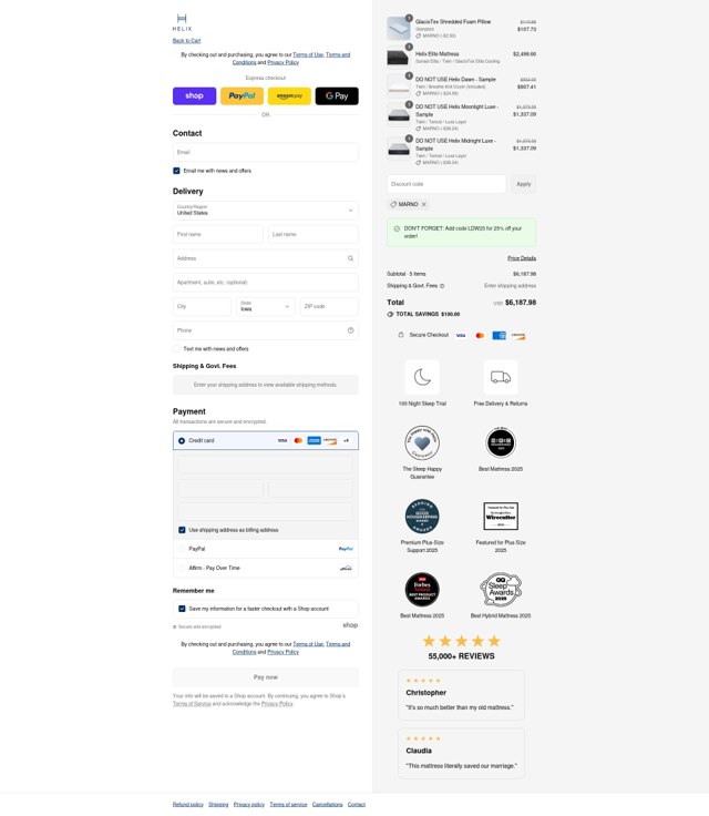 Helix Sleep checkout page showing Helix Sleep discount code box | Screenshot taken by SimplyCodes community member on Sep 4, 2025