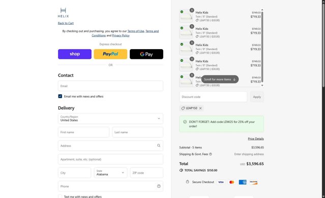 Helix Sleep checkout page showing Helix Sleep discount code box | Screenshot taken by SimplyCodes community member on Sep 4, 2025