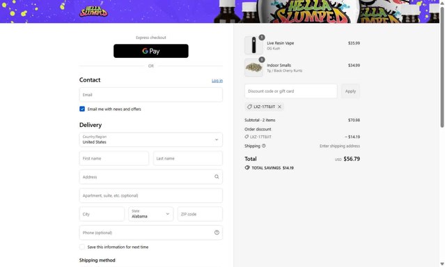 Hella Slumped checkout page showing Hella Slumped discount code box | Screenshot taken by SimplyCodes community member on Sep 7, 2025