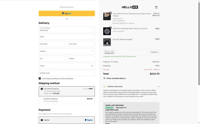Helloice Jewelry checkout page showing Helloice Jewelry promo code box | Screenshot taken by SimplyCodes community member on Aug 26, 2025