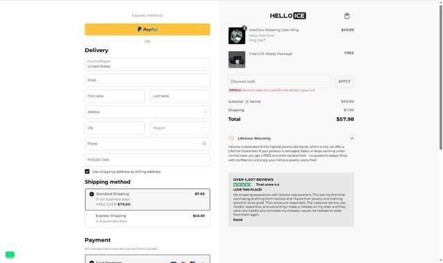 Helloice Jewelry checkout page showing Helloice Jewelry promo code box | Screenshot taken by SimplyCodes community member on Sep 4, 2025