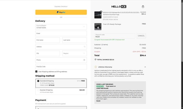 Helloice Jewelry checkout page showing Helloice Jewelry promo code box | Screenshot taken by SimplyCodes community member on Aug 28, 2025