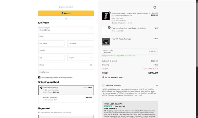 Helloice Jewelry checkout page showing Helloice Jewelry promo code box | Screenshot taken by SimplyCodes community member on Sep 3, 2025