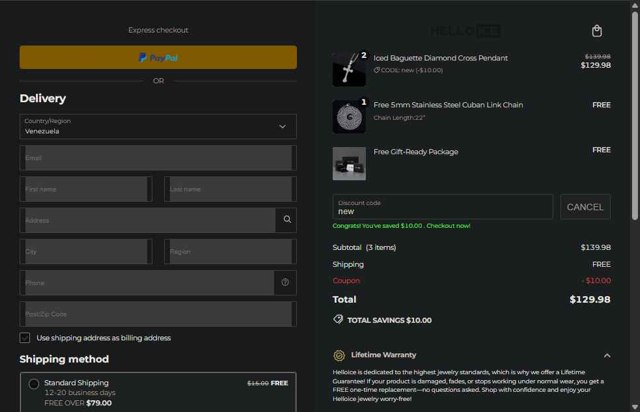Helloice Jewelry checkout page showing Helloice Jewelry promo code box | Screenshot taken by SimplyCodes community member on Aug 28, 2025