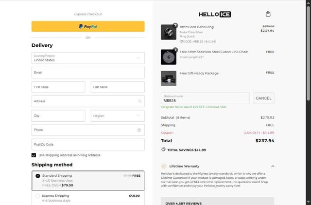 Helloice Jewelry checkout page showing Helloice Jewelry promo code box | Screenshot taken by SimplyCodes community member on Sep 3, 2025